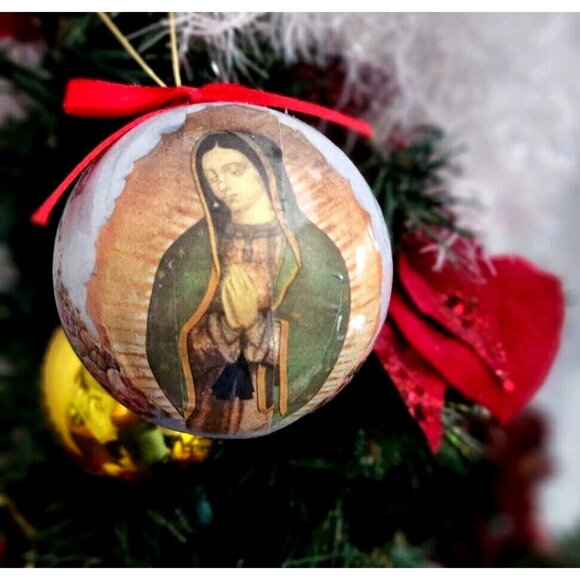 Our Lady of Guadalupe Roses Decoupage Paper Mache Christmas Ornament - Picture 4 of 4